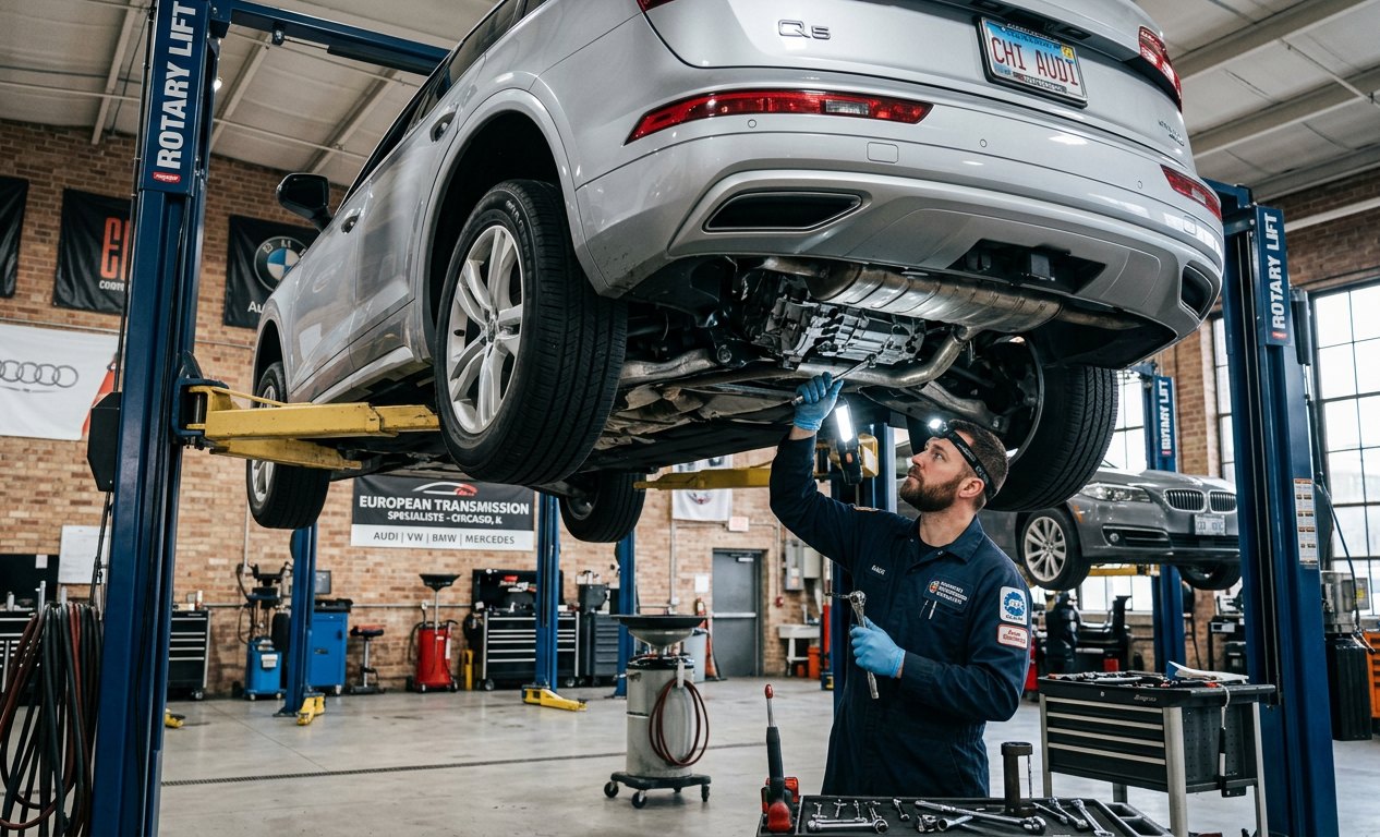 Audi quattro underbody inspection on a lift for Audi A4 transmission repair in Arlington Heights