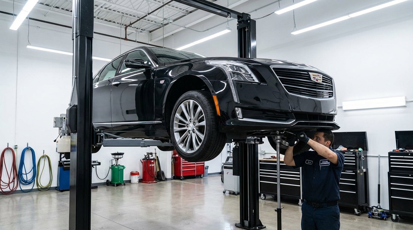 Cadillac sedan transmission and driveline inspection on a lift for Cadillac CT5 repair plan