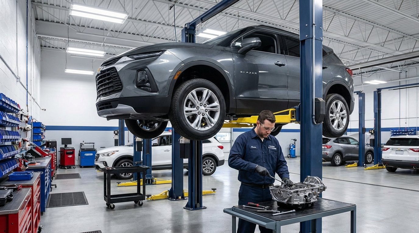 Chevrolet 6T, 6L, 8L, 10L, CVT, truck, SUV, and car transmission diagnosis Chevrolet transmission and driveline inspection on a lift for Chevrolet transmission repair in Arlington Heights