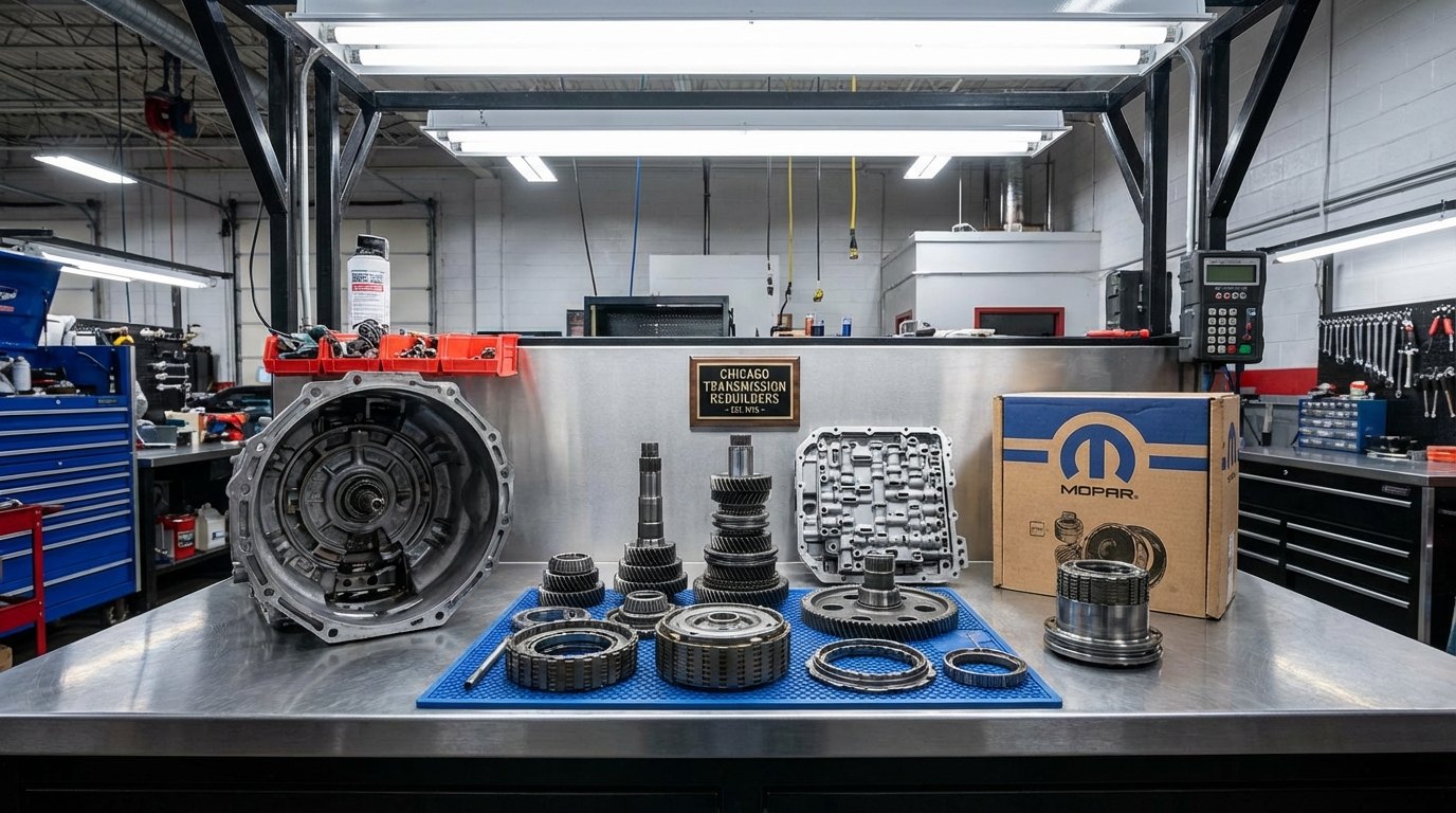 Mopar transmission components arranged for rebuild planning for Chrysler Pacifica repair plan