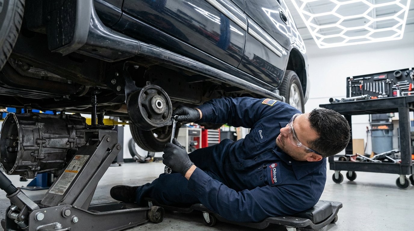 Chrysler and Mopar underbody driveline inspection on a lift for Chrysler repair plan