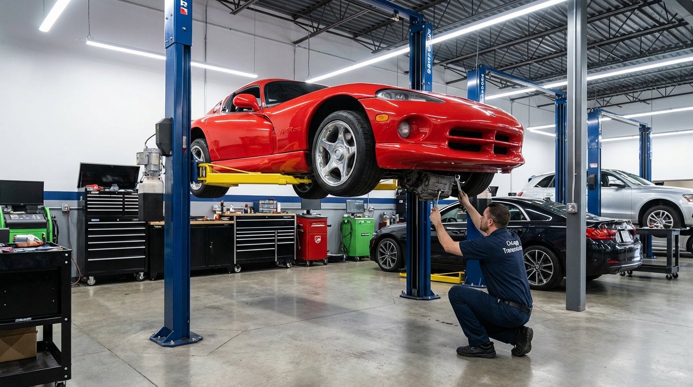 Dodge Challenger performance transmission inspection on a lift for Dodge Challenger transmission repair in Arlington Heights