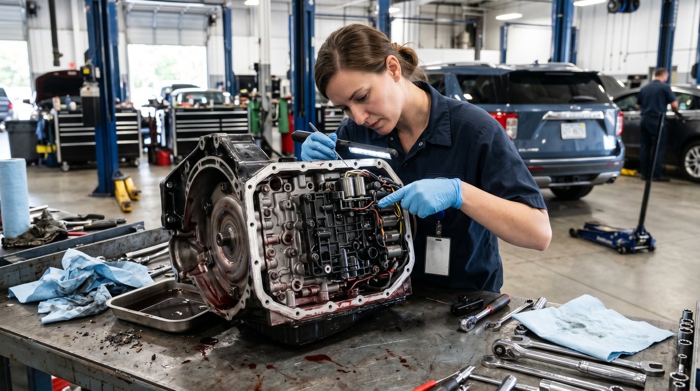 Edge 6F35, 8F35, AWD, delayed engagement, shudder, and shift-quality diagnosis Ford 6F35 transmission case and valve body inspection for Ford Edge transmission repair in Arlington Heights