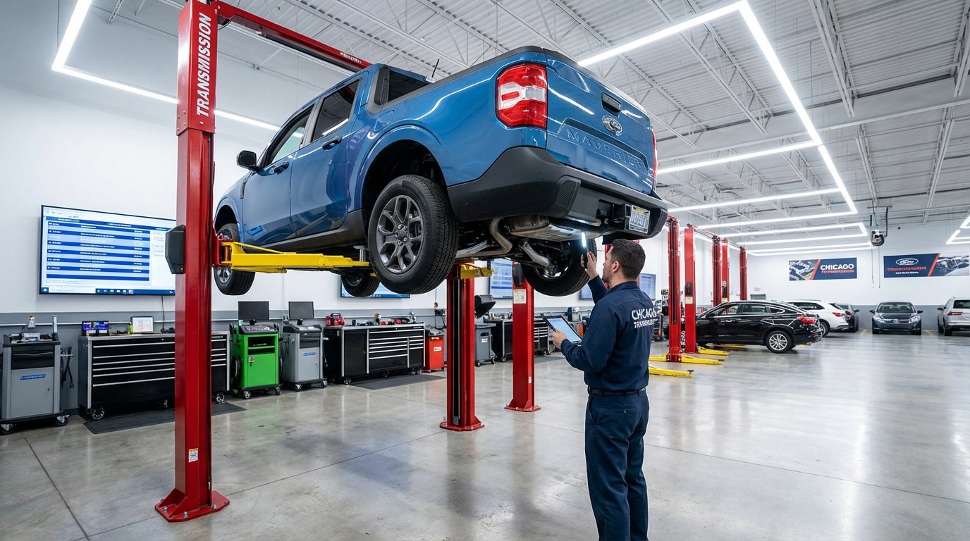 Ford SUV transmission and driveline inspection on a lift for Ford Edge repair plan