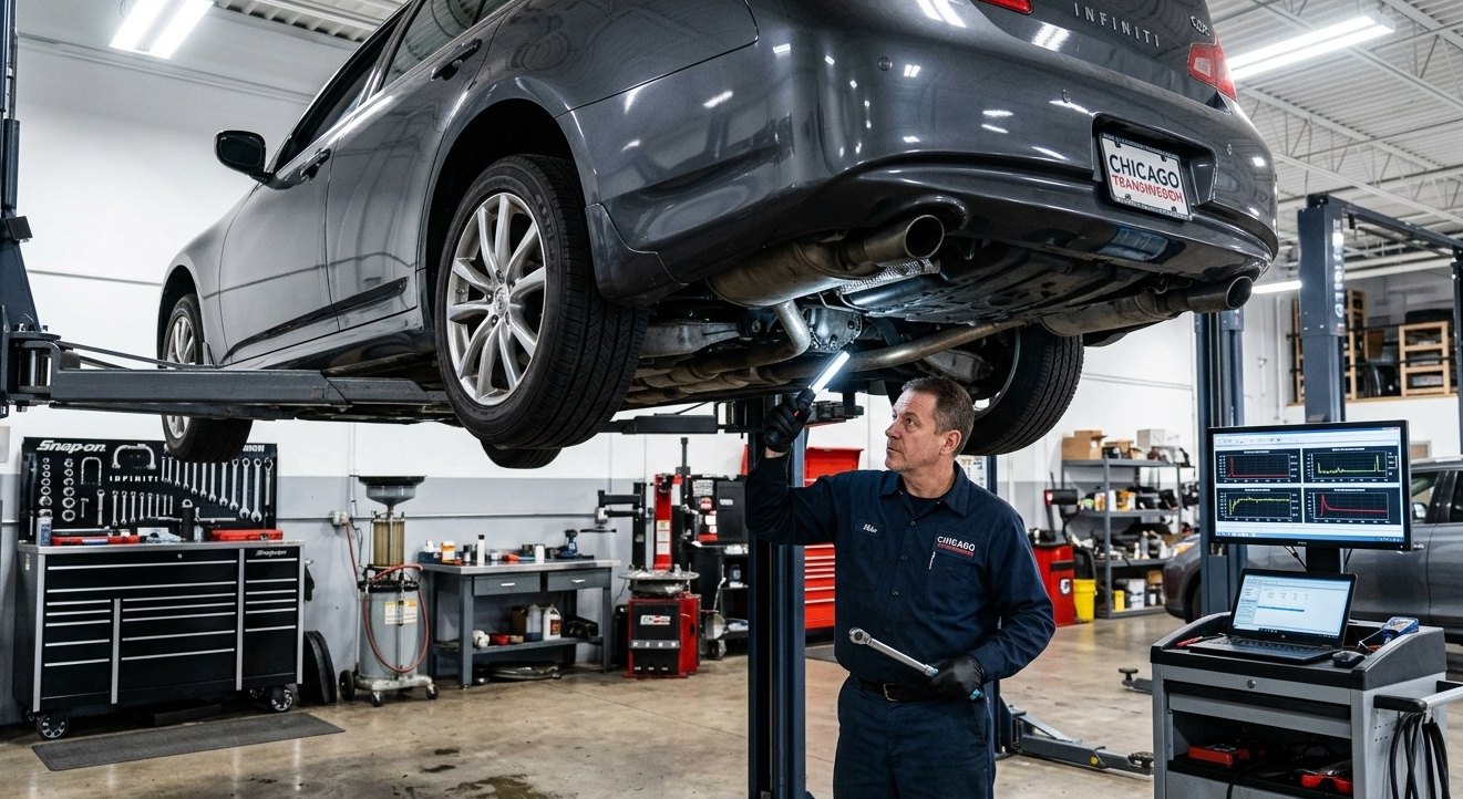 Sonata automatic, hybrid, DCT, delayed engagement, and shift diagnosis Hyundai Sonata transmission inspection on a lift for Hyundai Sonata transmission repair in Arlington Heights