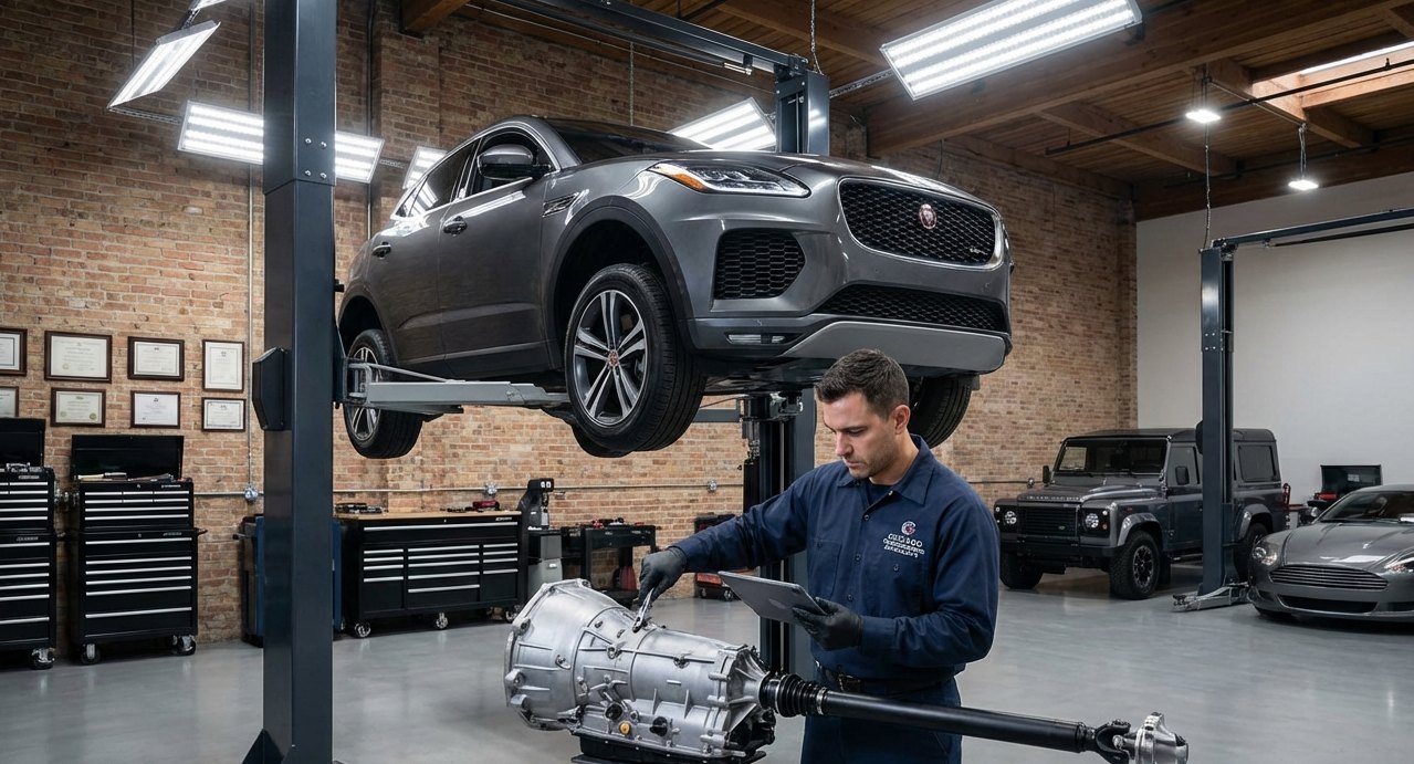 E-Pace 9-speed, AWD, compact SUV shift, leak, and driveline diagnosis Jaguar SUV transmission and AWD shop inspection for Jaguar E-Pace transmission repair in Arlington Heights
