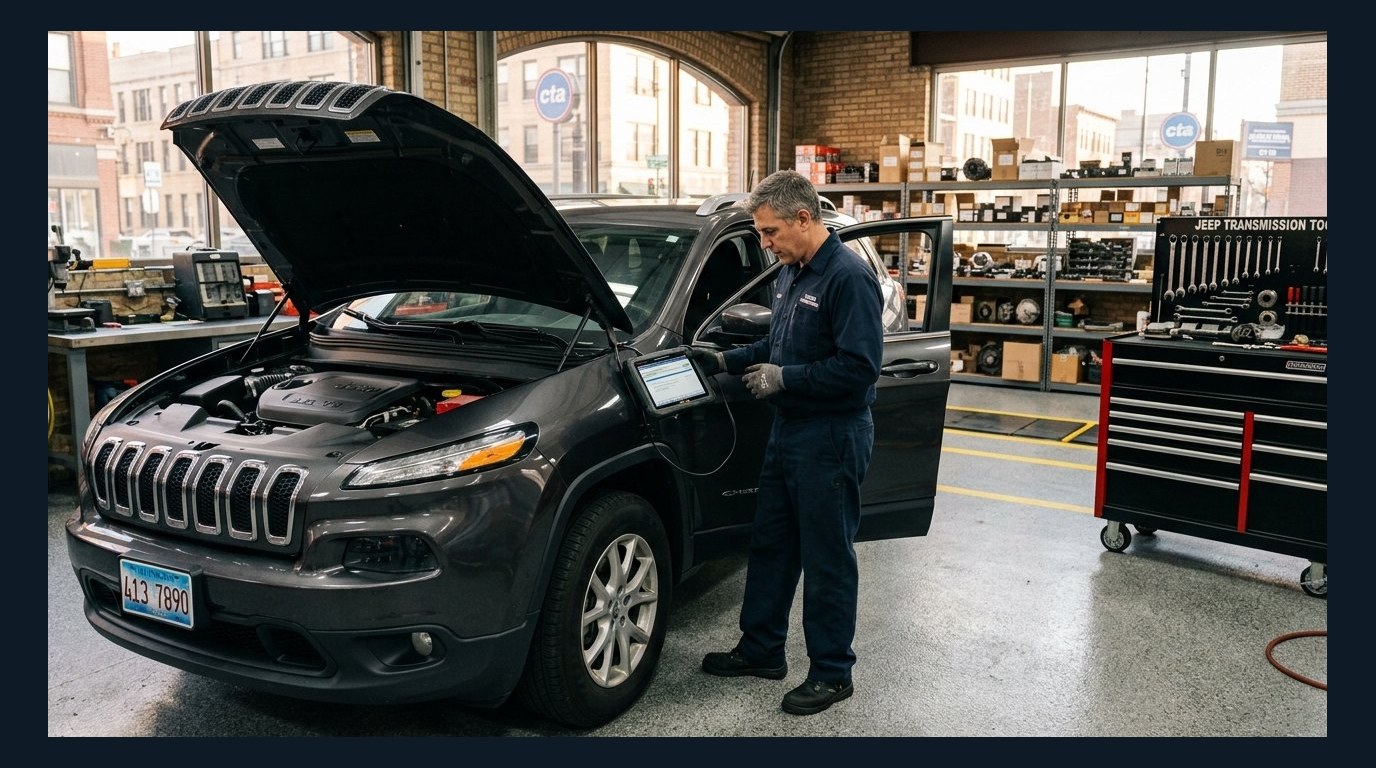 Jeep transmission diagnosis in Arlington Heights Jeep Cherokee service bay diagnostic inspection