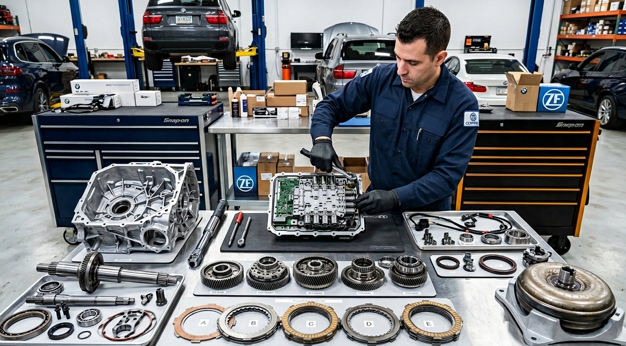 ZF transmission rebuild bench inspection for Range Rover inspection
