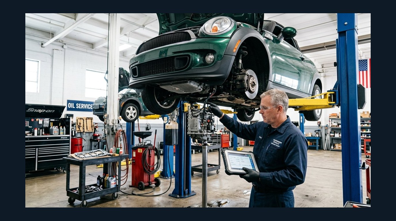 MINI transmission diagnosis in Arlington Heights MINI Roadster on lift for transmission and clutch diagnosis
