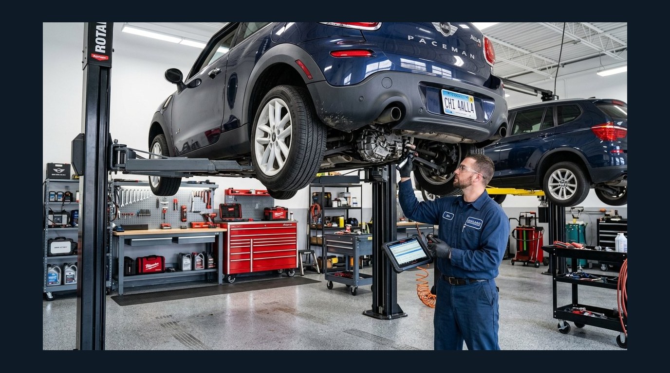 MINI Paceman service bay transmission inspection
