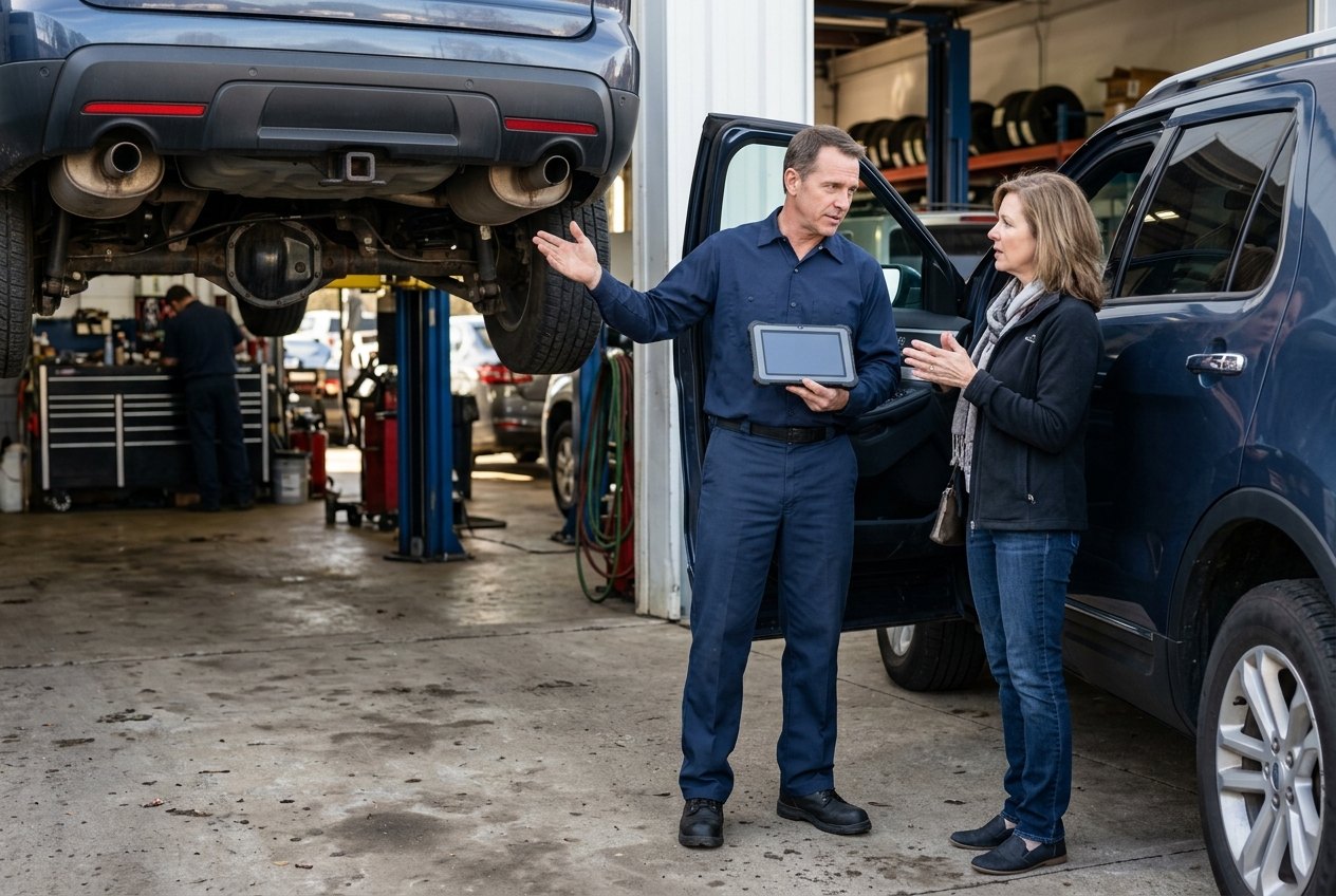 Arlington Heights transmission advisor reviewing SUV symptoms and service plan with a customer