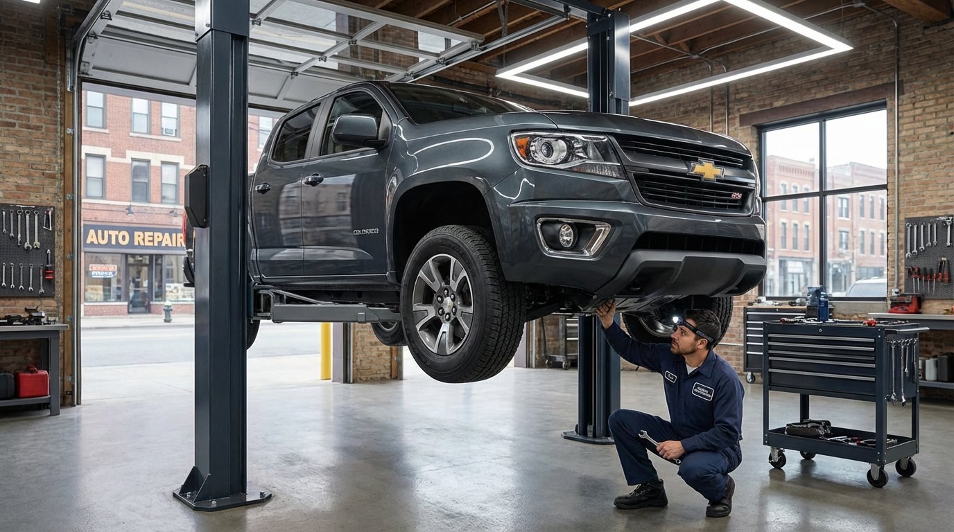 heavy-duty GM truck on lift for 4L80E diagnosis