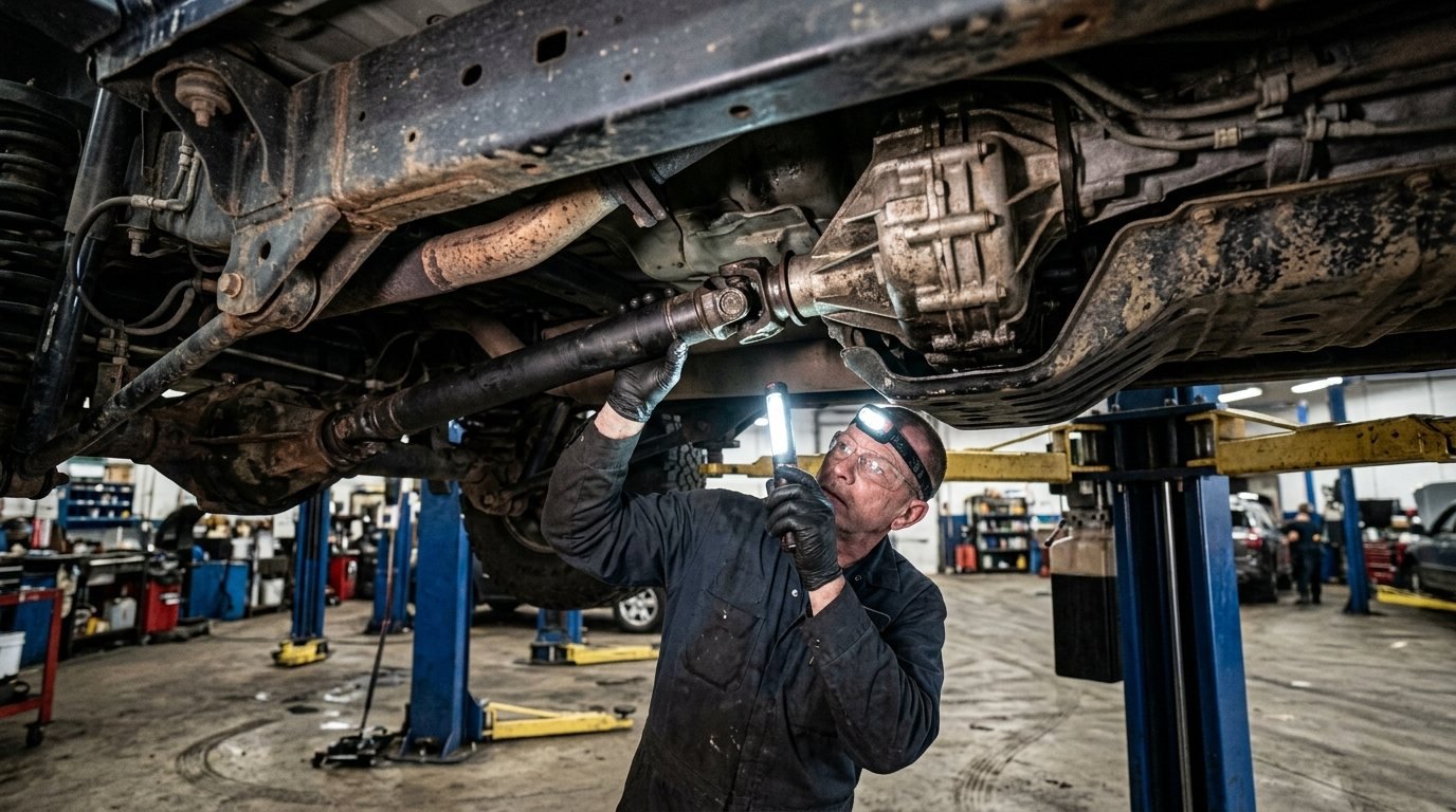 4WD transfer case inspection under a lifted truck in an Arlington Heights service bay