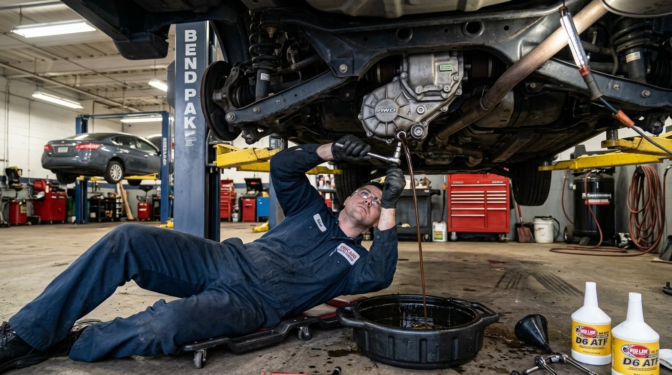 Technician servicing an AWD transfer unit from below with drain pan and fluid bottles nearby