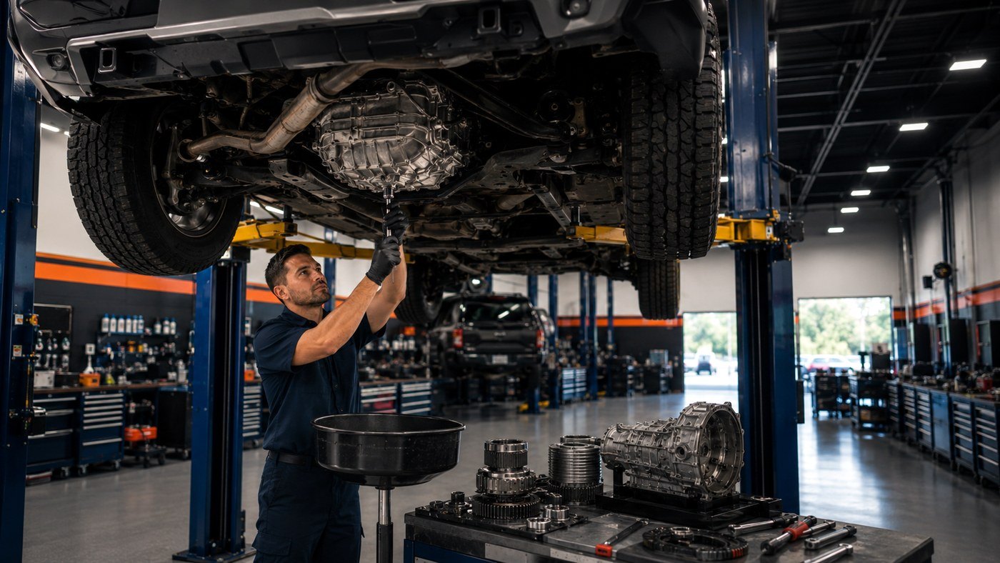 AWD driveline and transfer unit underbody check in a clean service bay