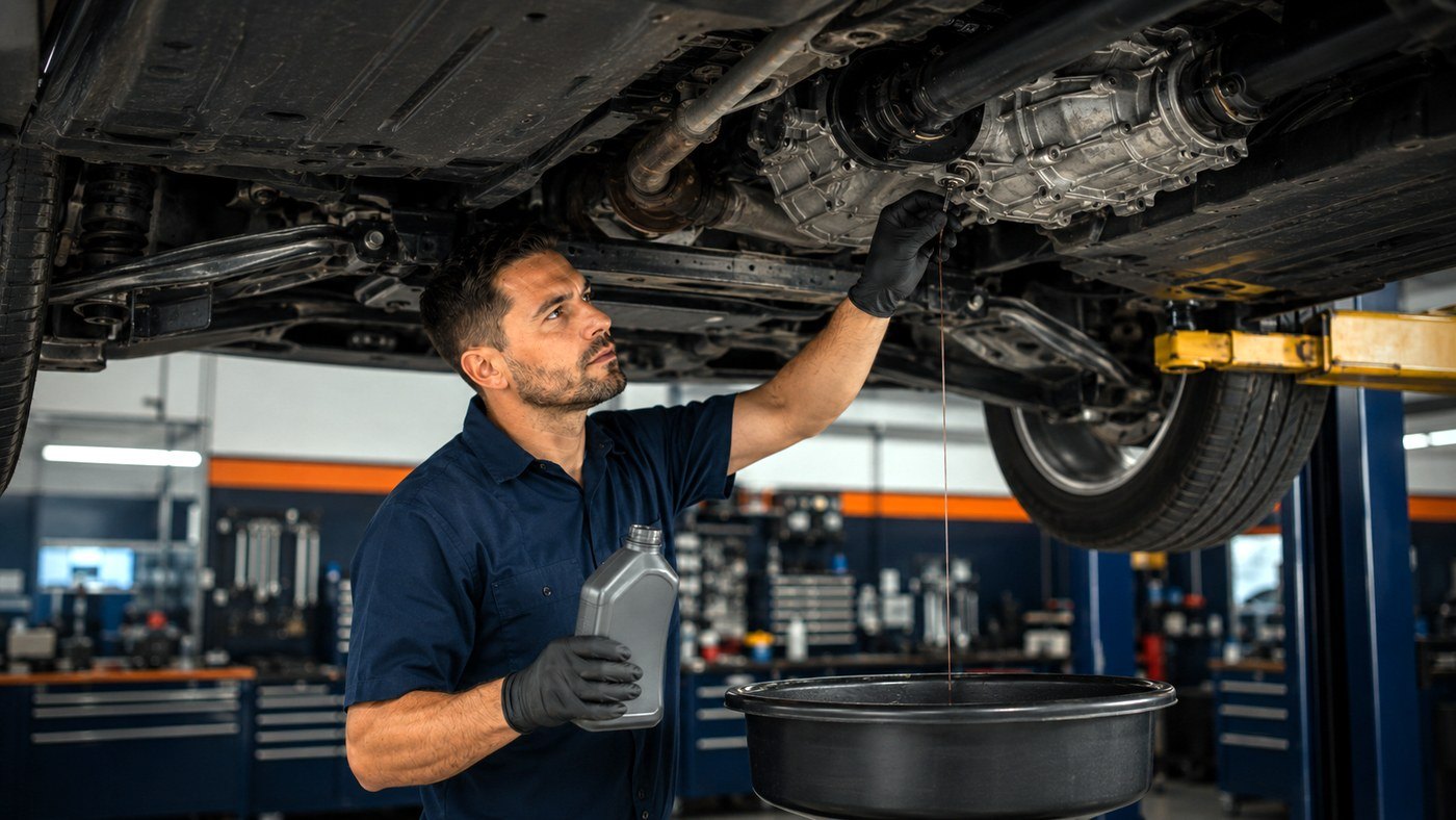 AWD transfer case fluid check with technician inspecting the driveline