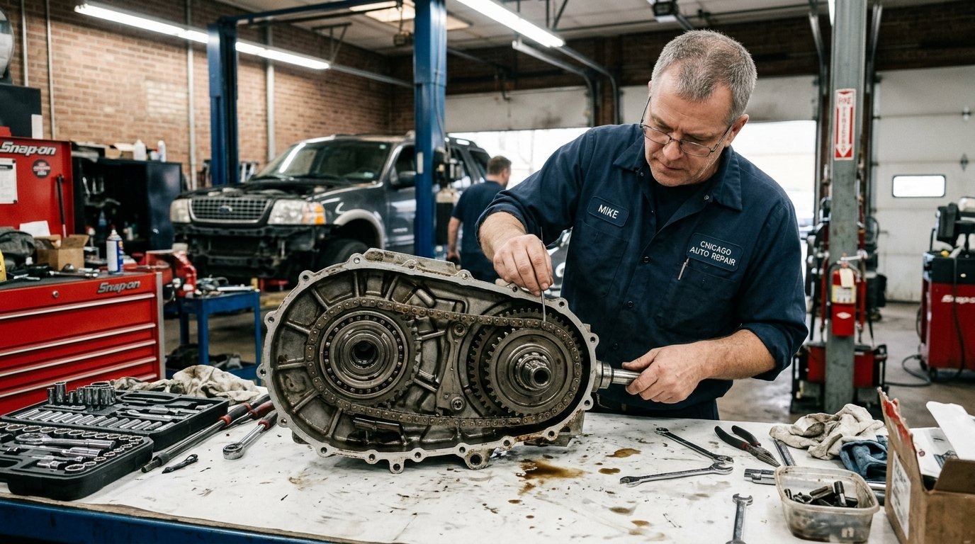 Open transfer case chain and bearings on a rebuild bench in Arlington Heights