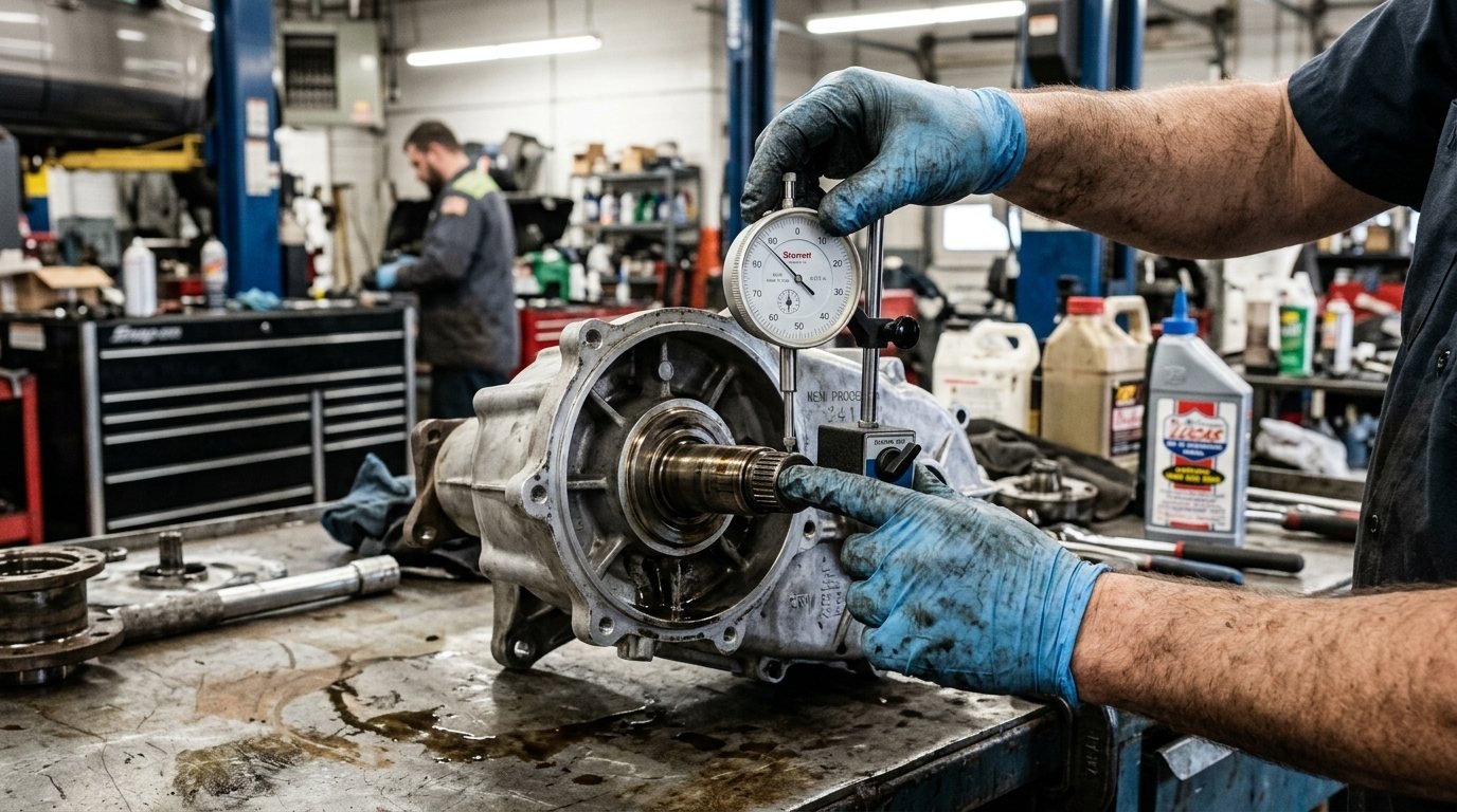 Transfer case shaft play measured with a dial indicator during rebuild inspection