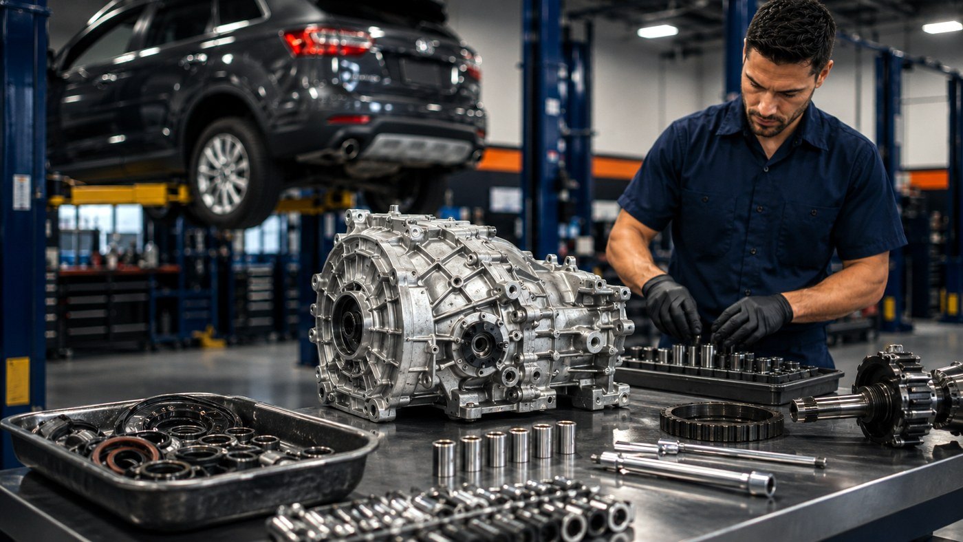 Technician preparing a transfer case on the bench with SUV in the service bay