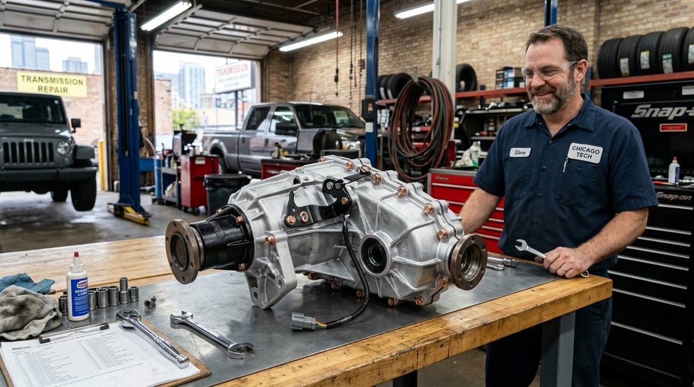 Open transfer case on a workbench for Arlington Heights repair planning