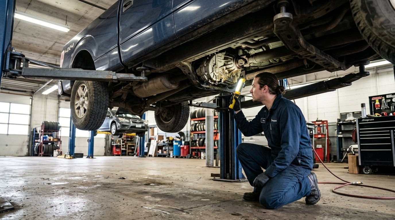Technician inspecting a transfer case output seal leak under an SUV