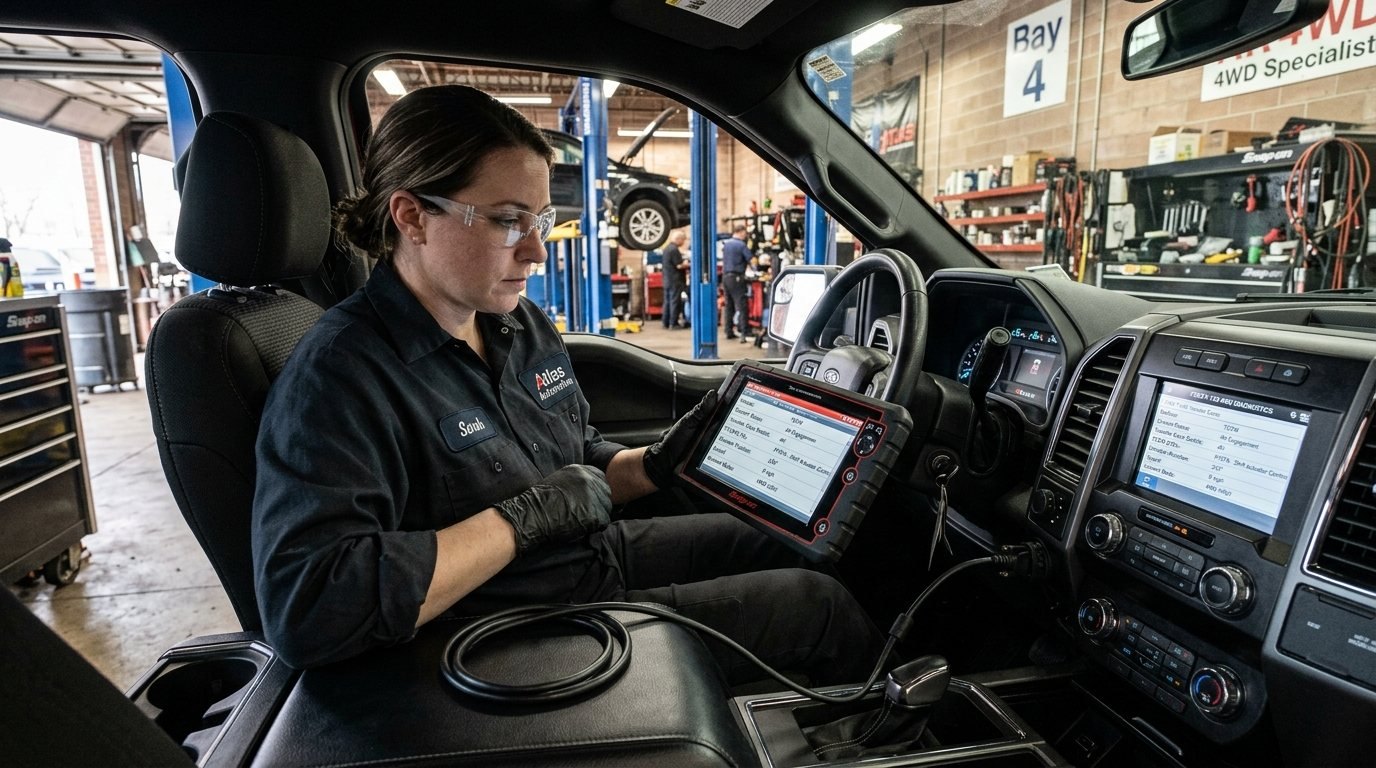 4WD transfer case diagnostic scan inside an Arlington Heights service bay