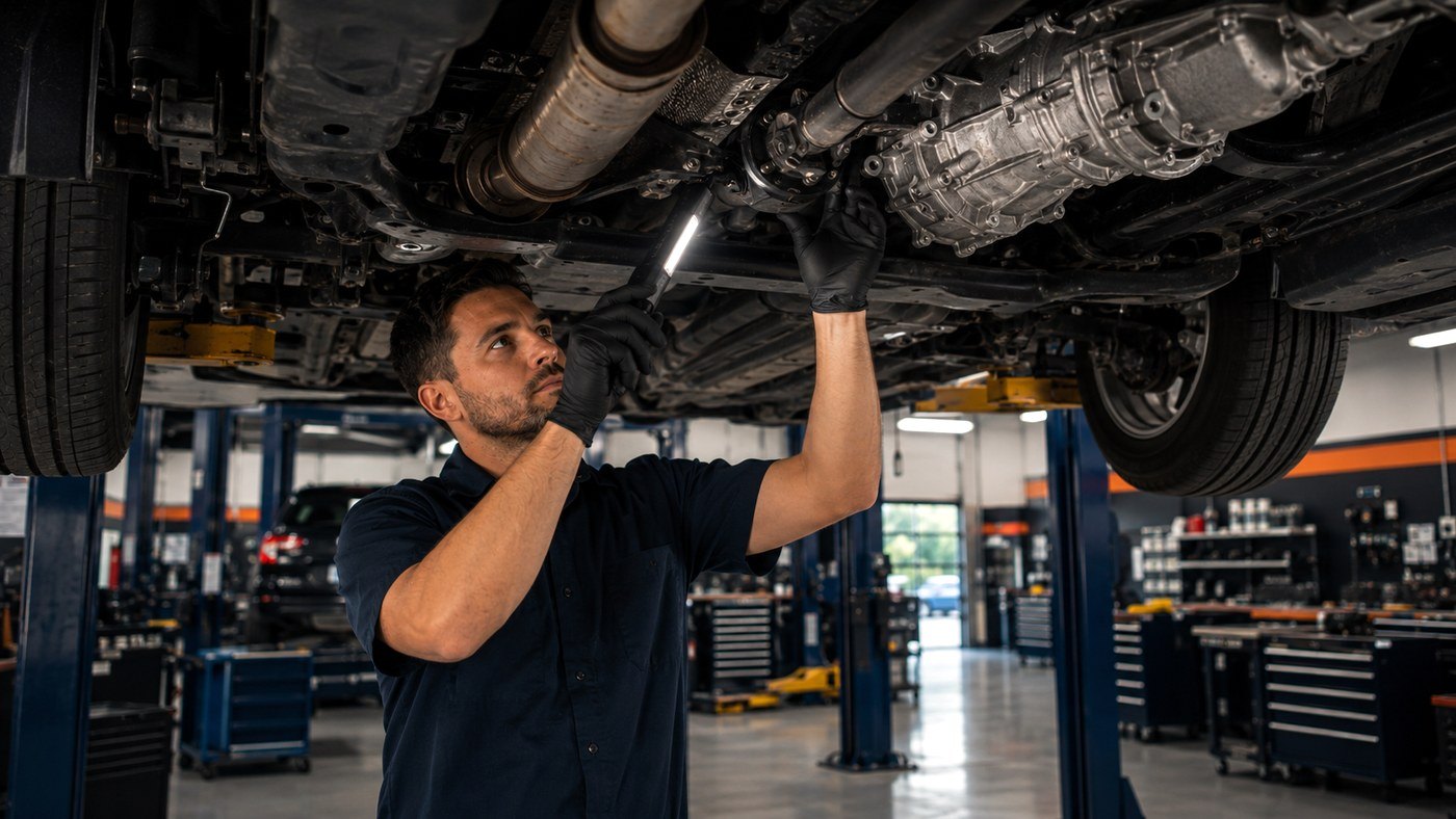 Technician checking transfer case encoder and electrical operation from below the vehicle