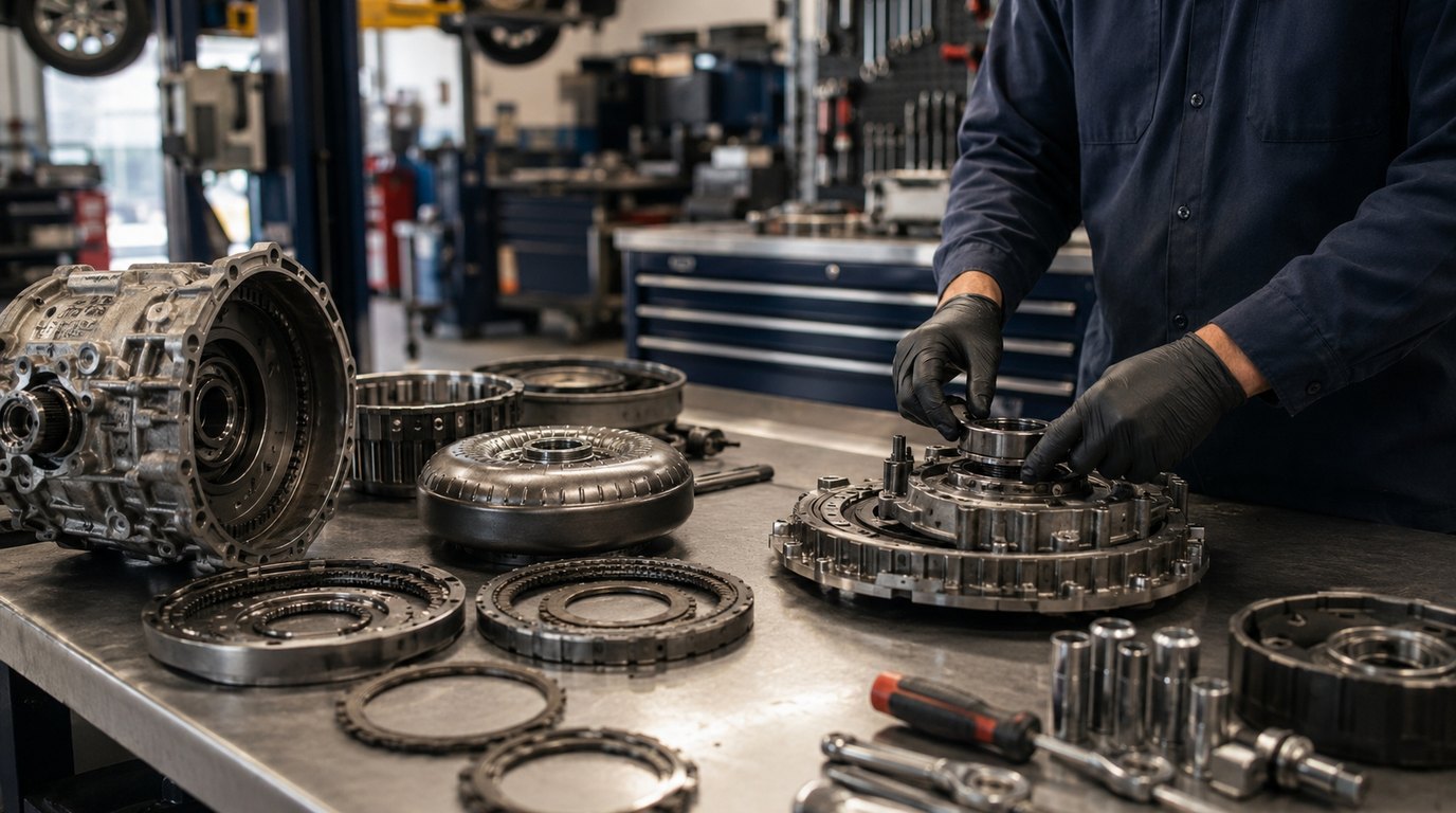 Transmission rebuild workbench with organized parts at Arlington Heights Transmission