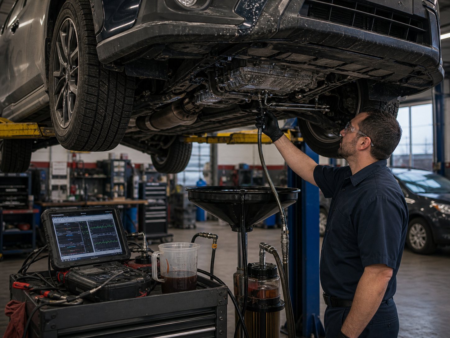 AWD CVT cooler line leak and fluid condition inspection after winter driving