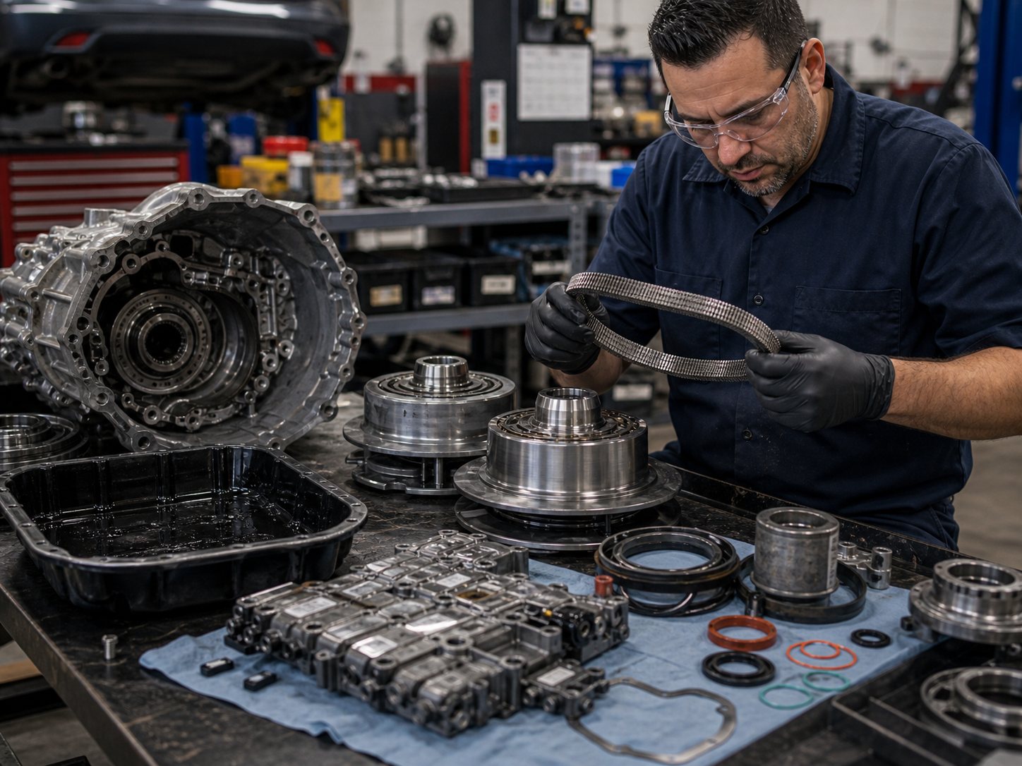 CVT pulley belt valve body and fluid pan inspection on a transmission bench