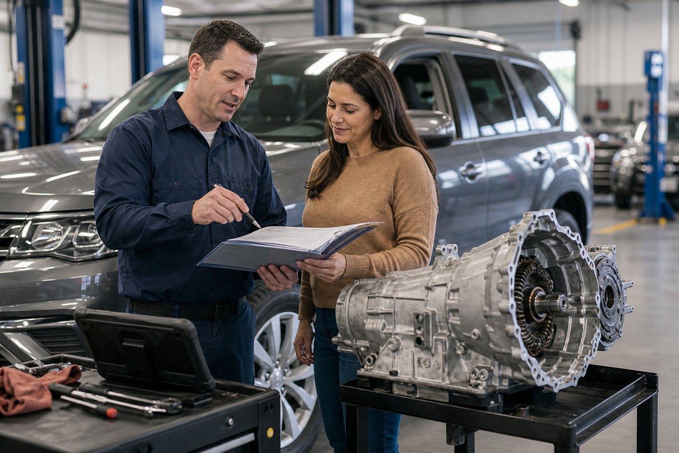 Advisor reviewing warranty-backed transmission rebuild repair scope beside a vehicle
