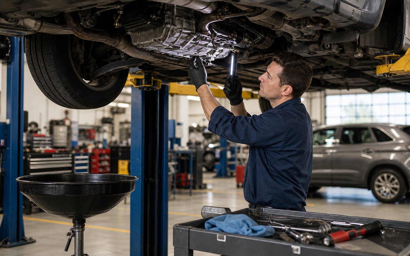 Technician checking related systems before a warranty-backed transmission rebuild leaves the shop