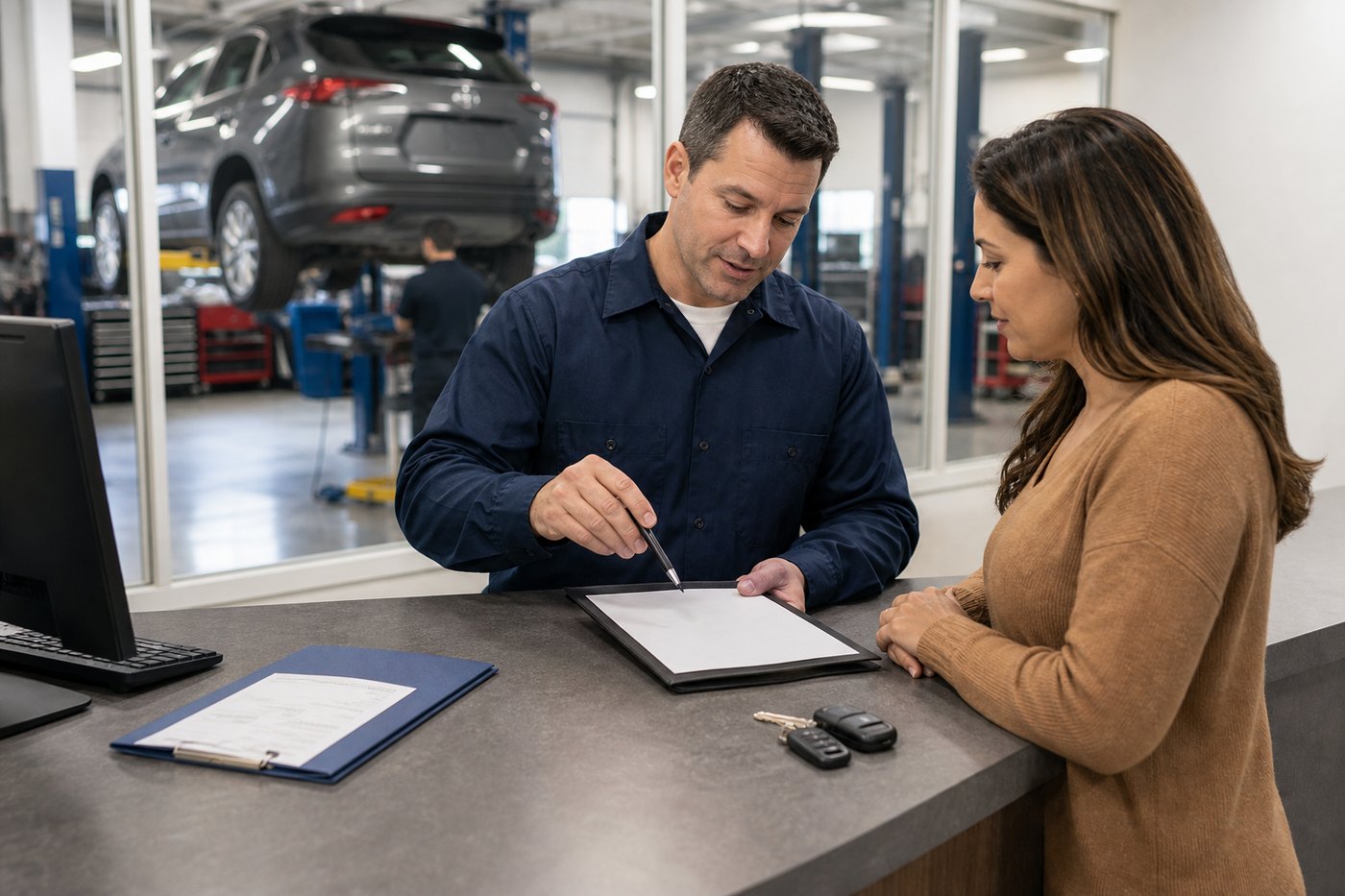 Service advisor explaining transmission rebuild warranty exclusions at the counter