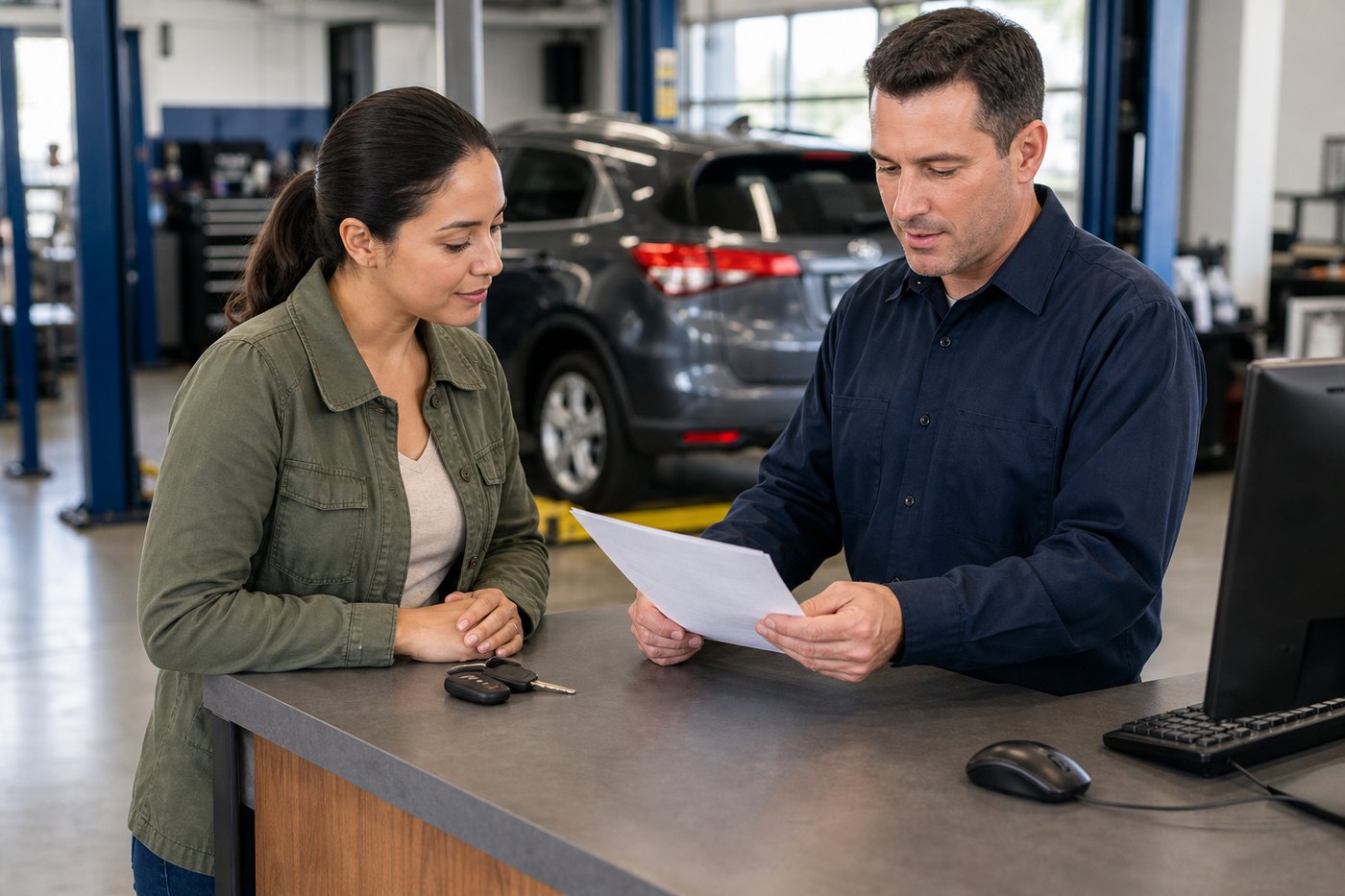 Customer bringing warranty paperwork and keys for transmission rebuild claim intake