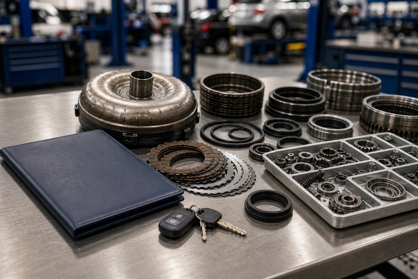 Written warranty folder with organized transmission rebuild parts and vehicle keys