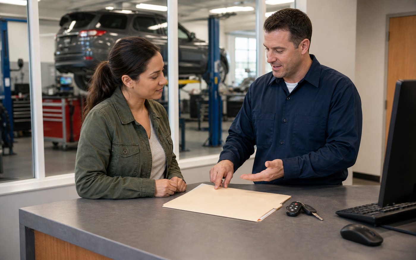 Advisor discussing a transferable transmission rebuild warranty question at the counter