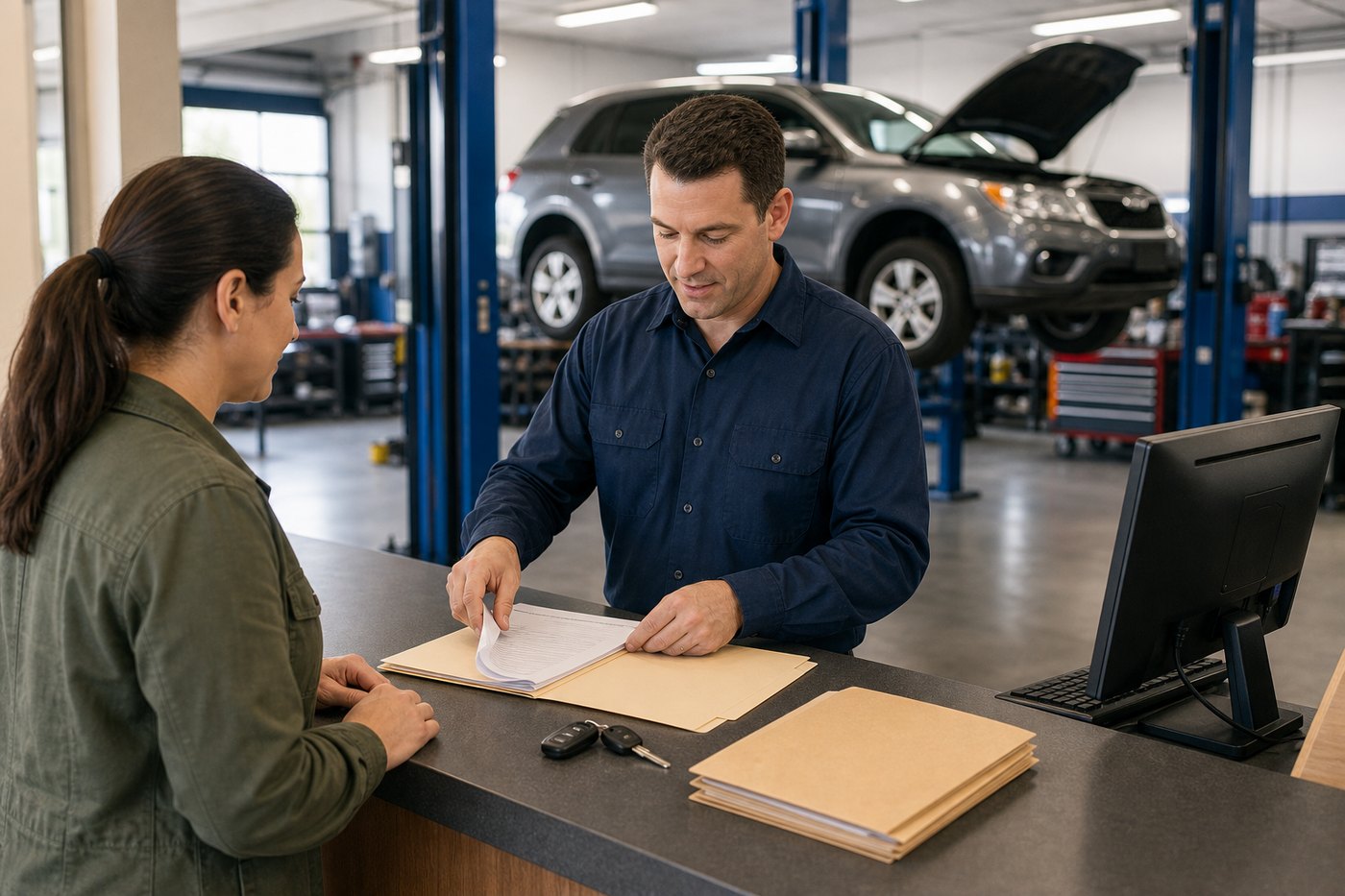 Service counter warranty file review at Arlington Heights Transmission