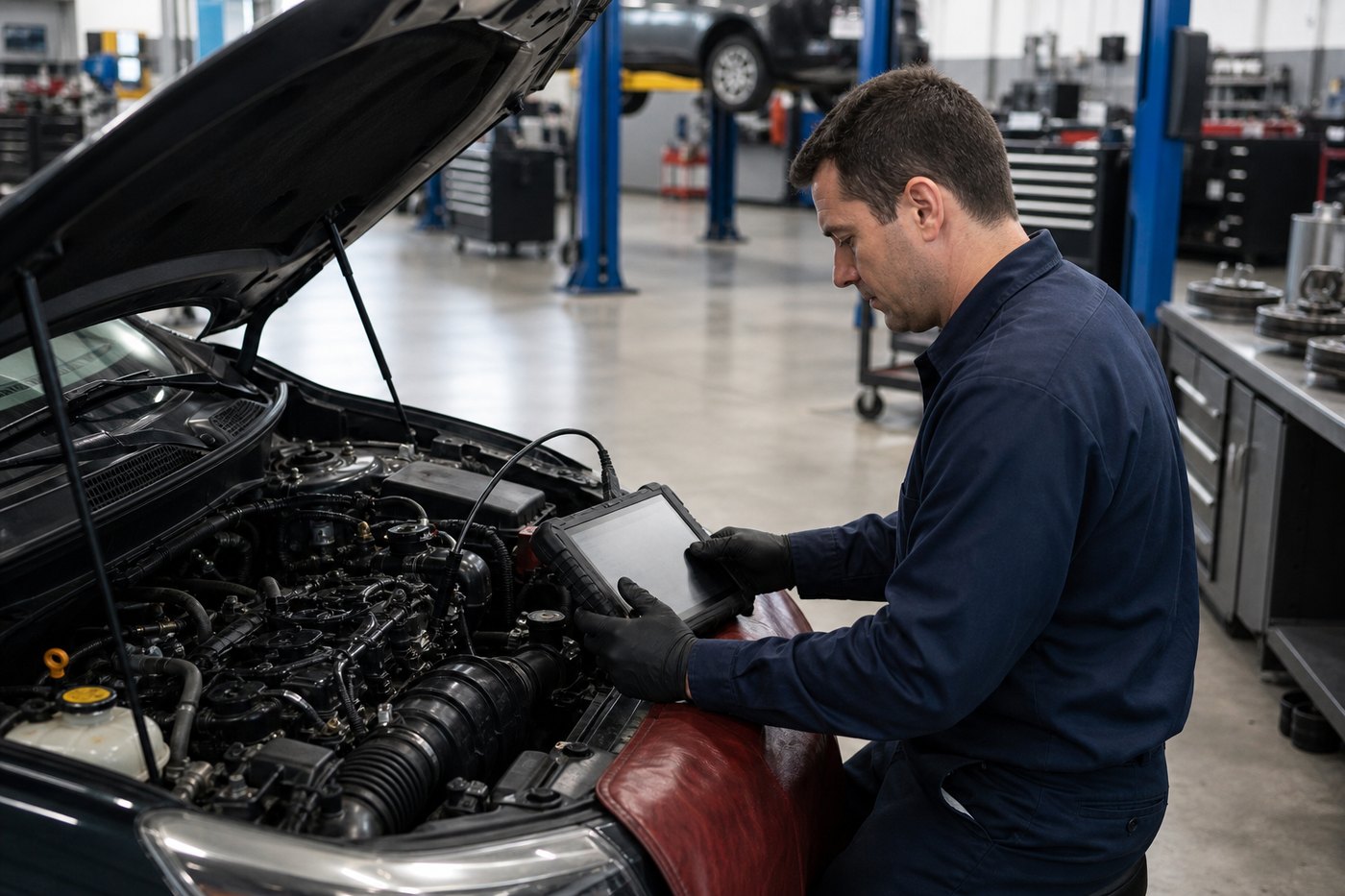 Technician verifying a transmission rebuild warranty concern with diagnostic equipment