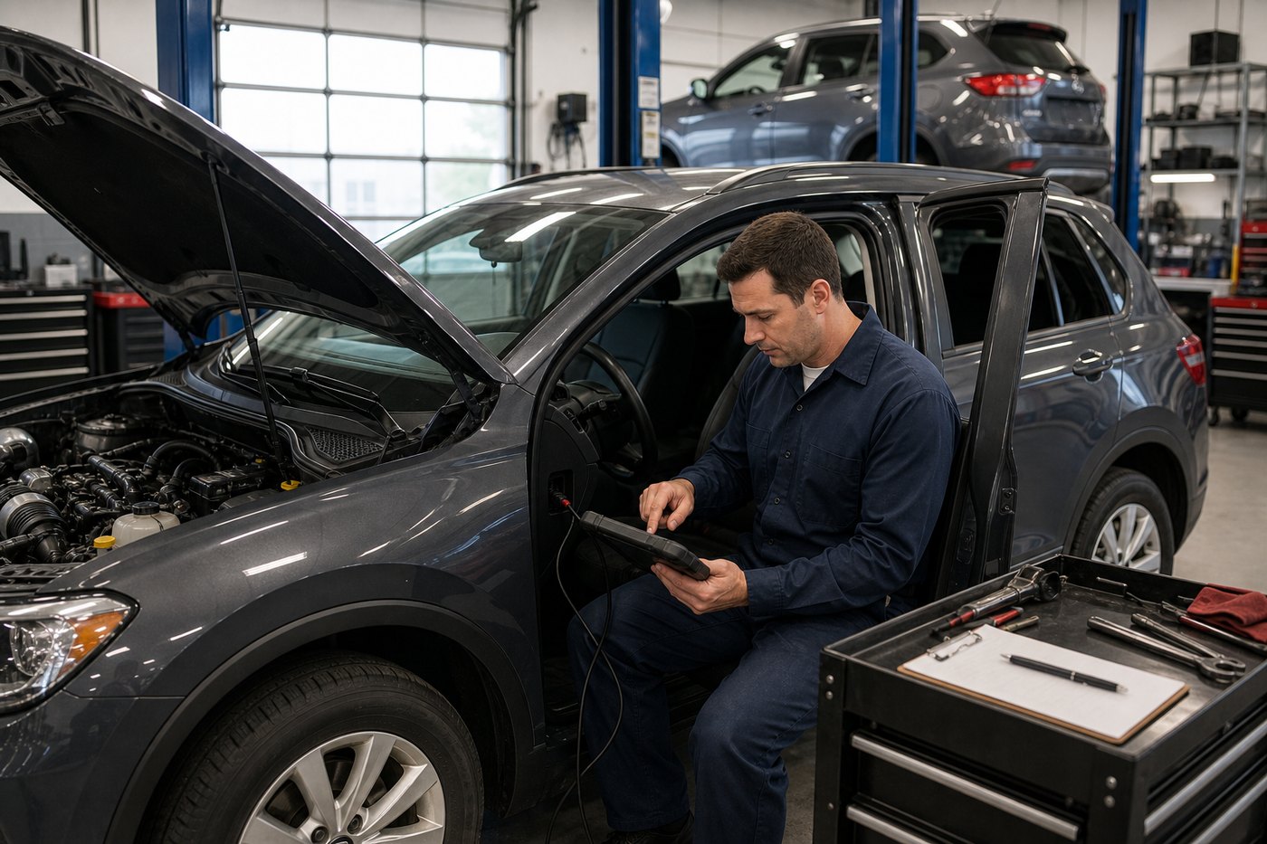 Technician preparing post-rebuild diagnostic scan and road-test verification