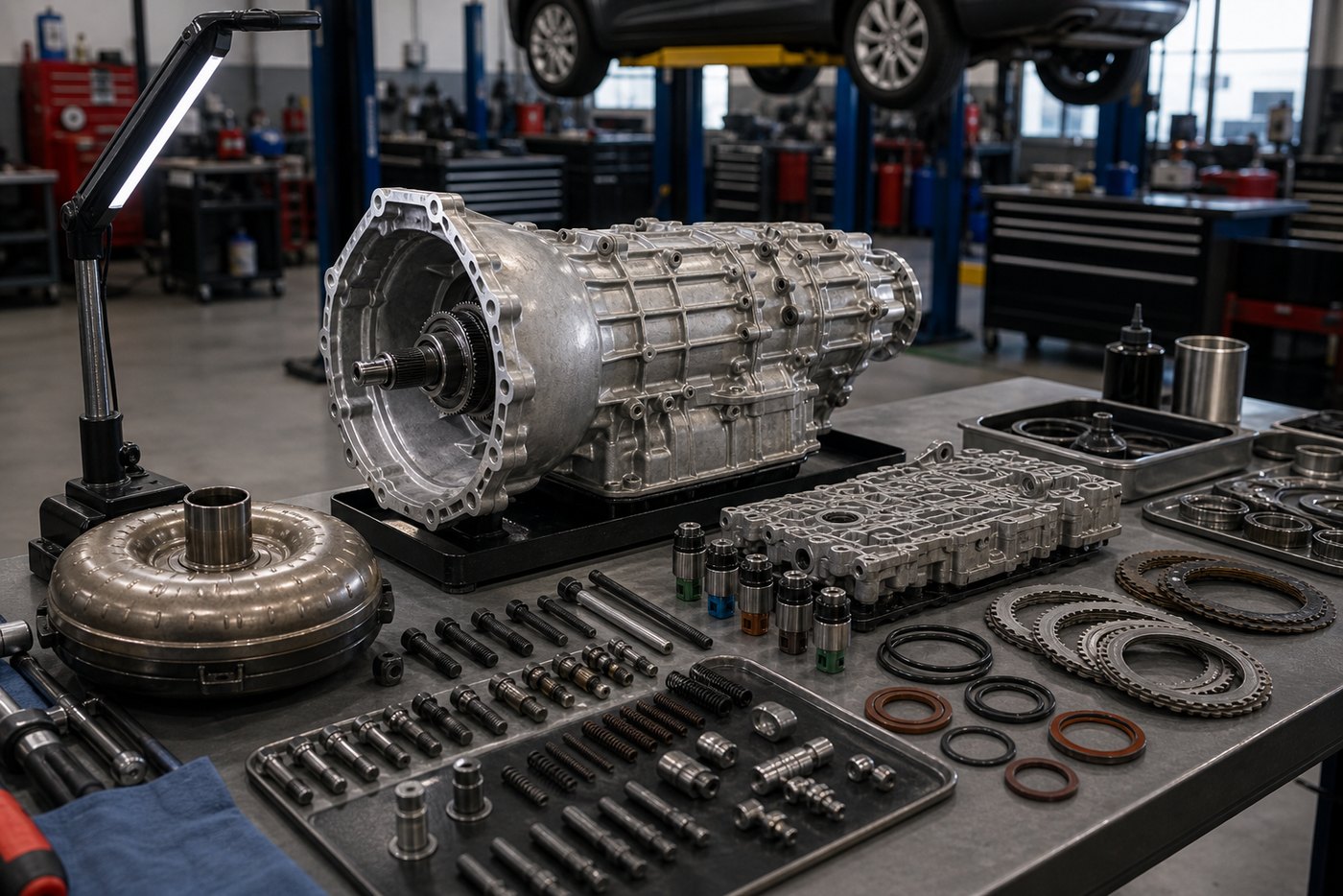Transmission rebuild bench quality-control layout with organized parts